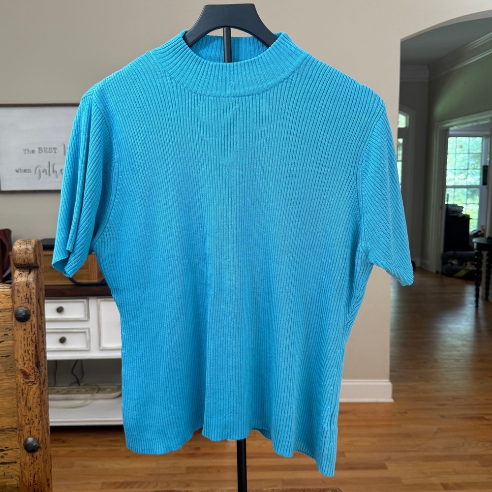 Yarnworks Turquoise Blue Ribbed Mock Neck Short Sleeve Sweater XL Cotton Blend